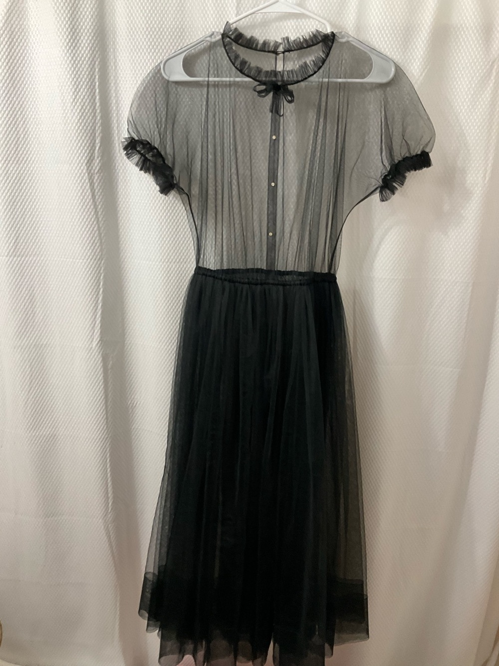 Sheer Black Tulle Midi Dress with Ruffle Collar
